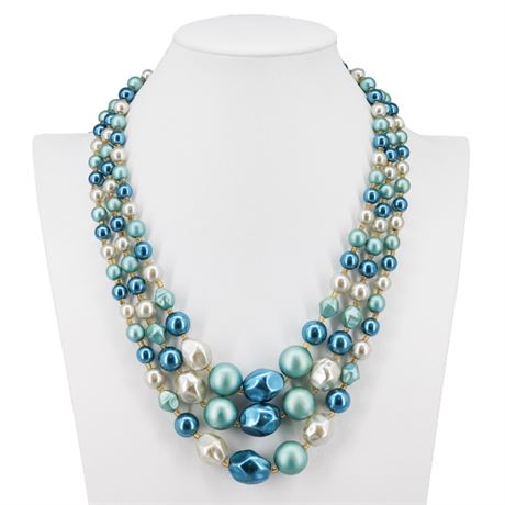Vintage 3-Strand Teal/Aqua/White Faux Pearl Beaded Necklace