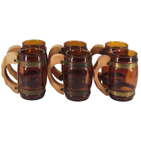 1950s Siesta Ware Set of 6 Amber Glass & Brass Wood Handle Beer Mugs