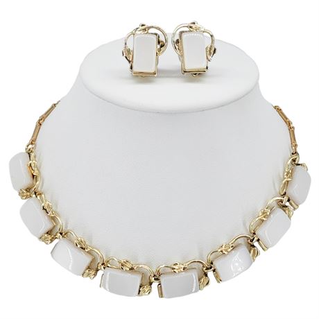 Vtg CORO White Moonglow Lucite Link Necklace & Clip Earrings Set