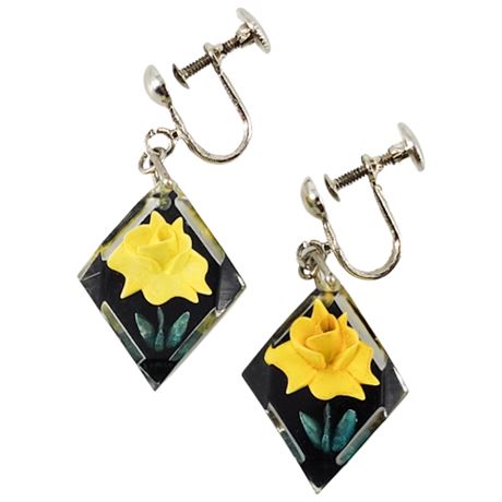 Vintage Reverse Carved Lucite Roses Screwback Earrings