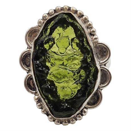 Artisan Made Silver Tone Moldavite Ring, Sz 9