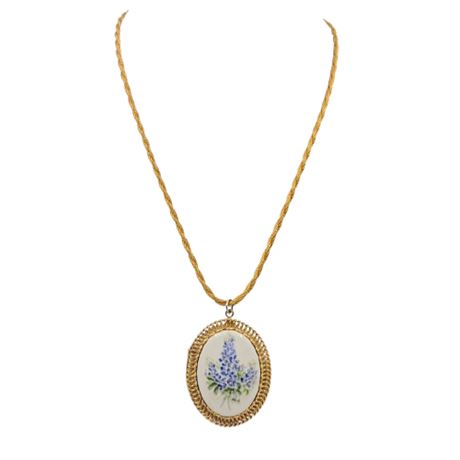 Vintage Gold Tone Chain with Painted Floral Ceramic Pendant Necklace
