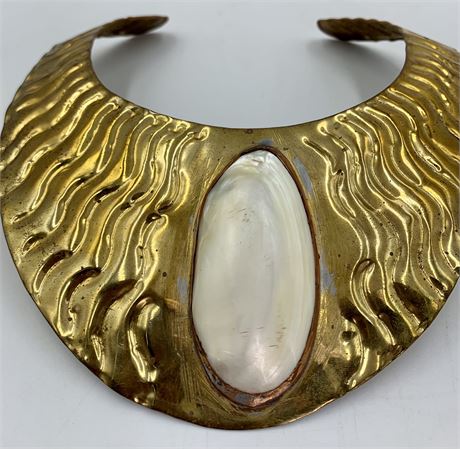 Bold Copper & Brass Bib Collar Necklace with Shell Cabochon