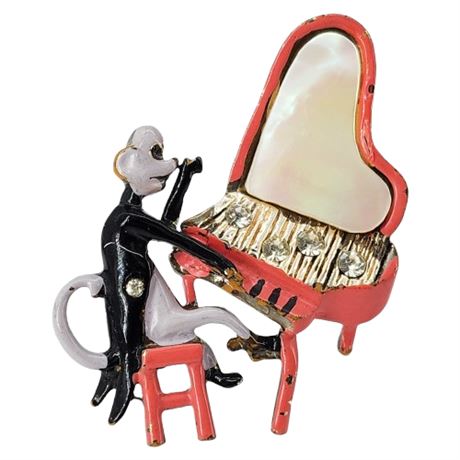 Vintage Mother of Pearl, Enamel & Rhinestone Piano Playing Monkey Brooch