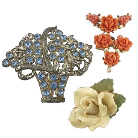 Vintage Floral Brooch Collection Carved & Sculpted Roses, Rhinestone Basket