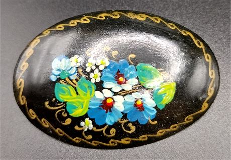 Painted wood oval floral brooch