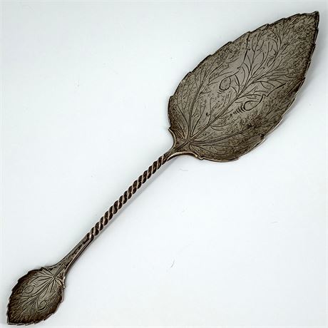 Antique Silverplate Leaf-Form Server – Hand-Etched Design, Twisted Handle