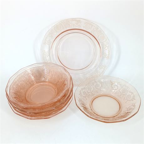 Pink Depression Glass, Floral Scroll Pattern - 6 Bowls and 1 Plate