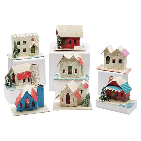 Eight Smaller Vintage Japanese Putz House Mica Glitter Buildings