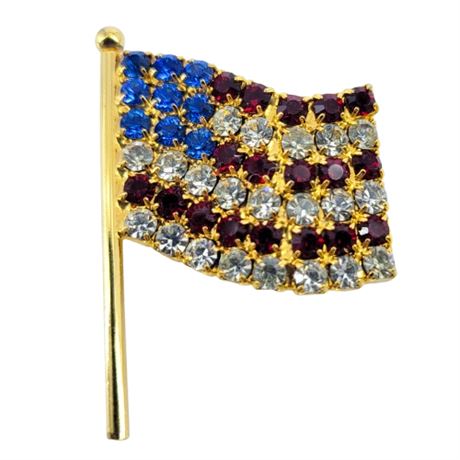 Vintage Rhinestone American Flag Brooch