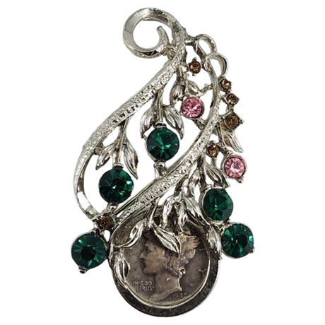 Vintage Rhinestone Brooch w/ Genuine 1942 Silver Mercury Dime