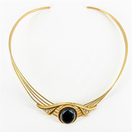 Vintage Trifari Gold Tone Black Onyx Stiff Choker Necklace