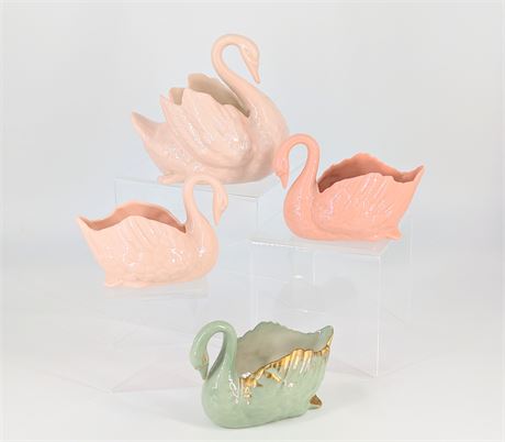 4 Vtg Lenox USA Porcelain Swans Pink Green