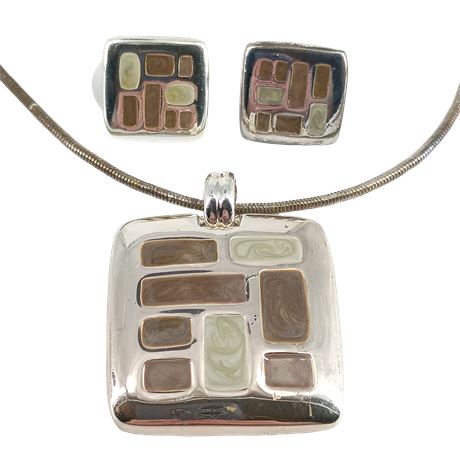 KC Silver-Tone Enamel Pendant Necklace & Earrings Set