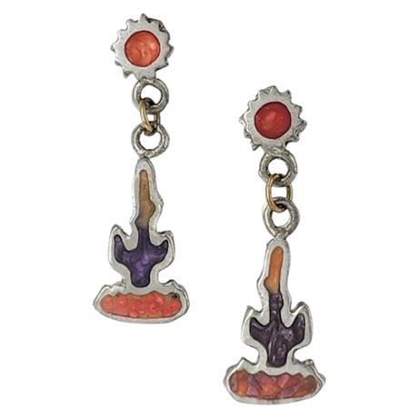 Vintage 90s Alpaca Silver Inlaid Cactus Post Back Earrings