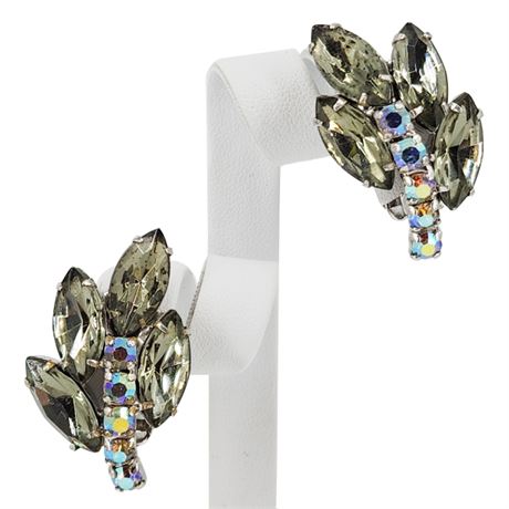 Vintage Prong Set Gray Navette & Aurora Borealis Rhinestone Clip Earrings