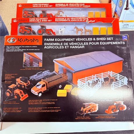 4 New Kubota Farm Equipment + Shed Sets