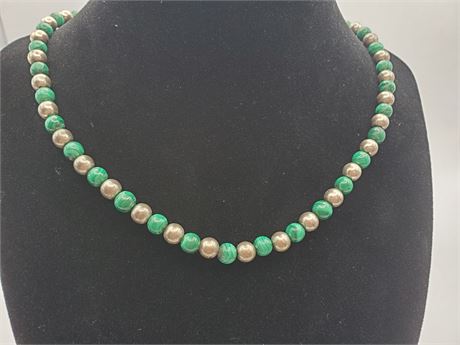 Sterling and Malachite Beaded Necklace 20.6 Grams