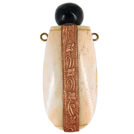 Antique Bone & Metal Miniature Perfume Bottle Pendant with Black Stopper