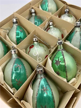 12 pc Polish Vintage Glittered Glass Christmas Ornaments in a Early Box