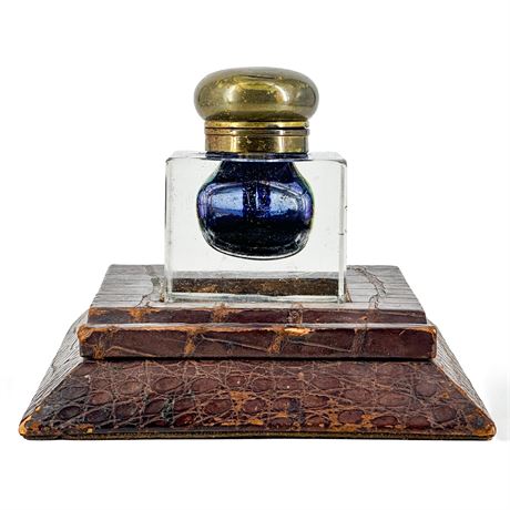 Antique Fortnum & Mason Glass & Brass Inkwell with Leather Inkwell Stand