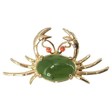 Vintage Gold Tone Nephrite Jade Crab Brooch