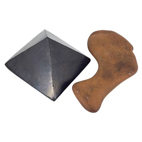 Vintage Black Tourmaline Pyramid & Brown Fairy/Hag Stone