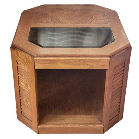 Oak Octagon End Table with Smoked Glass Top