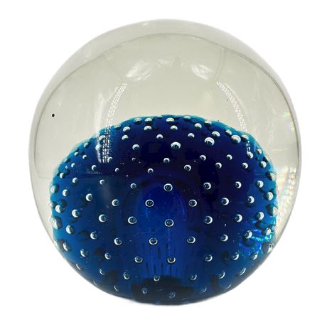Vintage Blue Art Glass Paperweight with Controlled Bubbles