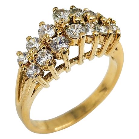 Vintage Gold Tone Two Row Rhinestone Ring, Sz 6