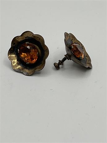 Signed Amber rhinestoneand goldtone earrings