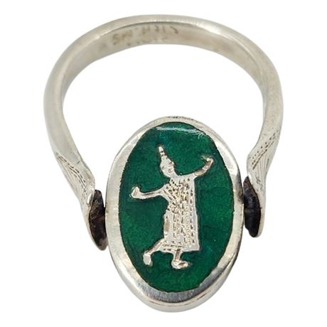 Vintage SIAM Sterling Silver Niello & Enamel Swivel Ring, Sz 5.75