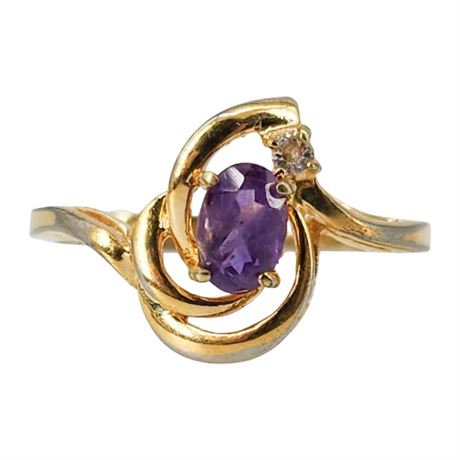 Vintage Gold Tone Genuine Amethyst & CZ Ring, Sz 8, Flawed