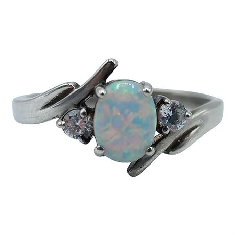 Signed Sterling Silver Opal CZ Ring, Sz 11.5