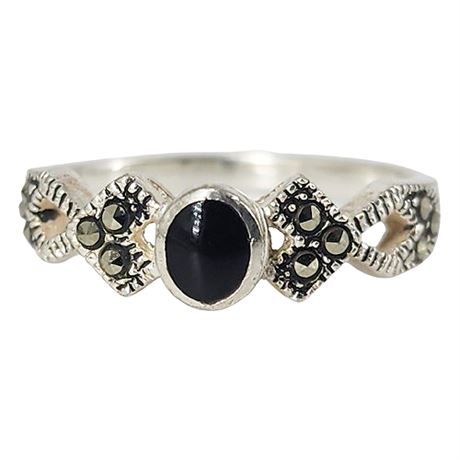 Signed Marsala Sterling Silver, Marcasite & Black Onyx Ring, Sz 5.5