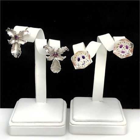 Vintage Purple Daisy Acrylic Cube Earrings & Purple Rhinestone Orchid Earrings