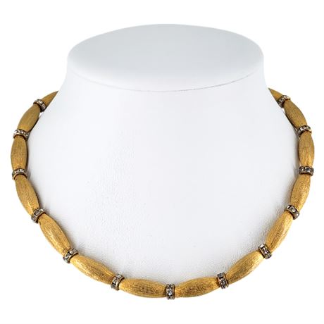 Vintage Textured Gold Tone & Rhinestone Choker Necklace