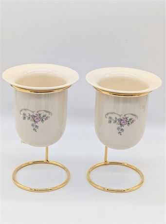Pair Lenox Porcelain Floral Votive Holders Gold Tone Metal Holders