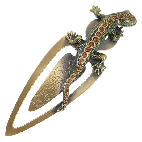 Jeweled Gecko Metal Bookmark with Amber Rhinestones