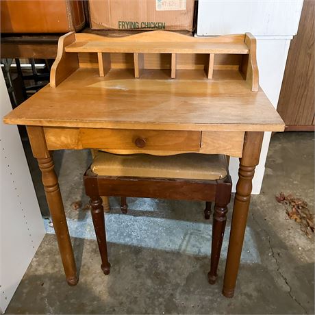 Vintage Wooden Secretary Desk with Stool