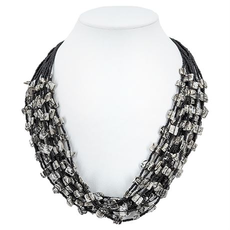 Vintage Multi-Strand Black Seed Bead & Painted Shells Necklace