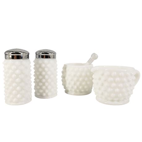 Vintage 4pc Milk Glass Hobnail Condiment Set