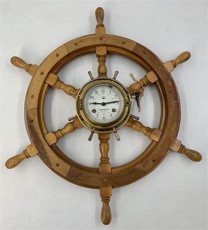Mid Century era Wood Ship Wheel 8 Day Wind Up Yachtmaster Clock with Key