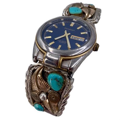 1970s Navajo Turquoise, Copper & Silver Watch Band with Armitron Quartz Watch