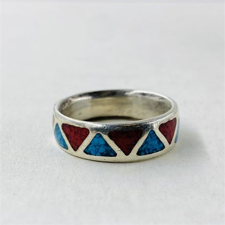 7.7g Navajo Signed Sterling Coral + Turquoise Ring Size 12.5