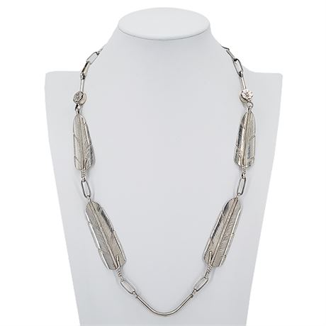 Signed A.N.B. Native American Sterling Silver Feathers Necklace
