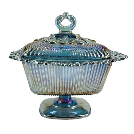 Vintage Indiana Carnival Glass “Lace Edge” Iridescent Blue Covered Candy Dish