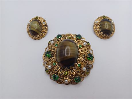 Vintage West Germany brooch clip earrings colorful gold tone