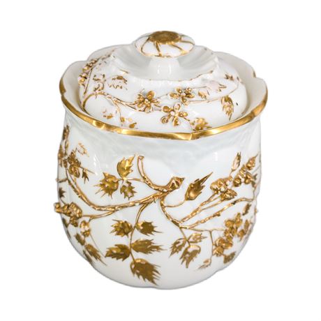 Antique Lotus Ware Porcelain Jar w/Lid Gold Trim Leaves