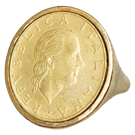 Signed BELLEZZA Italian 100 Lire Coin Ring, Sz 9
